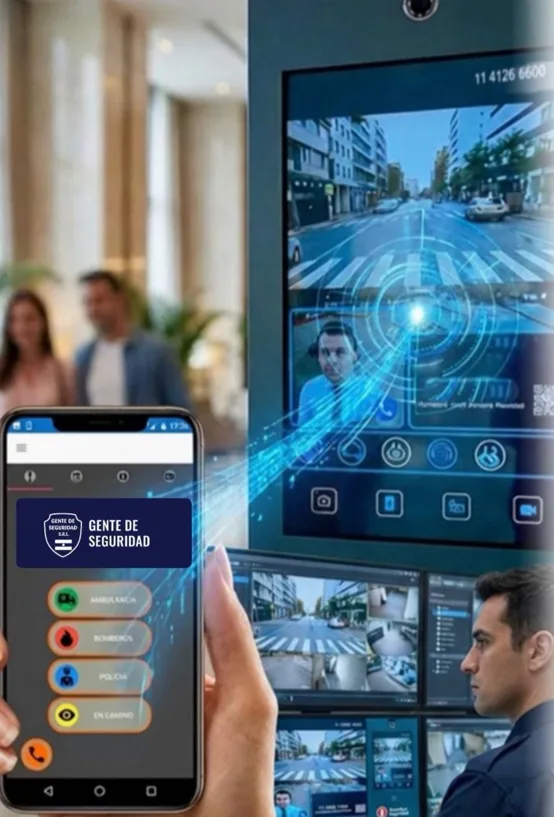 App de Gente de Seguridad con botones de emergencia y central de monitoreo con tótem y cámaras